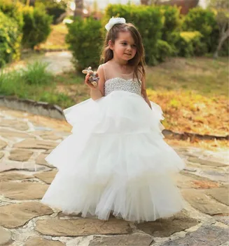 Belo Kroglo Obleke Princess Cvet Dekleta Obleke z Biseri Omamljanje Luštna Dekleta Prvi Občestvu Fant Obleko Velikosti 1-16T