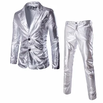 Bleščeče Premazan Kovinski Obleko Jopič 2024 Luksuzne Blagovne Znamke 2 Kos Obleko (Suknjič+Hlače) Nočni Klub Pustne Obleke Po Meri Men Silver