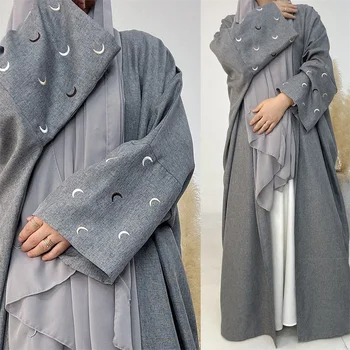 Luna Vezenje Abaya Tanko Perilo Učinek Tkanine Batwing Kimono Rokavi Muslimanske Ženske Dubaj Islamska Oblačila Hidžab Haljo Ramadana
