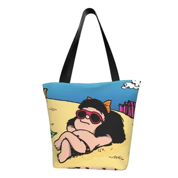Mafalda Na Plaži Živil Nakupovalno Vrečko Platno Shopper Tote Torba Big Zmogljivosti Prenosne Smešno Quino Strip Torbici