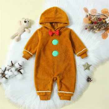 Za Malčke Baby Božič Fuzzy Jumpsuit Medenjaki Človek Srčkan Hooded Romper Jesen Zima Obleko Oblačila