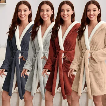 2023 Pozimi Sleepwear Toplo Kopalni Plašč Hooded Haljo Obleke Ženske Toplo Flanela Sleepwear Nightgown Svoboden Kimono Homedress Loungewear