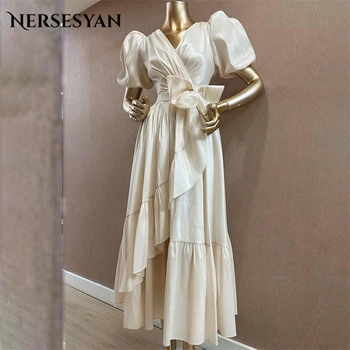 Nersesyan Moda Saten Formalno Stranko Obleke Puff Rokavi, V-Izrez Večerne Obleke Lok Skladu Ogrlicom Gub Vestidos De Fiesta 2023