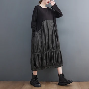Japonski Temno Črna Mozaik Slog Nabiranje Chic Dekle Ženske Ulične Mode Ženske Jeseni Obleko Svoboden Pomlad Priložnostne Obleko