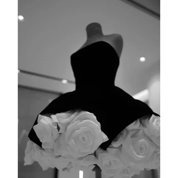 3D Camellia Ženske Obleka Princess Črnega Žameta Belo Cvetno Ruffle Kratek Prom Stranka Halje, Dekleta Obleke Rojstni dan Fotografije