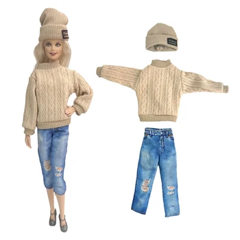 3 Elementi/ Set Visoko Kakovostnih Obleko Ročno Bombaž Pulover +Klobuk+Jeans Oblačila za Barbie Lutka Pribor Za 11,5 Palčni Dekle Igrače