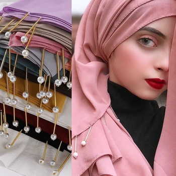 Nove Oblikovalec Šal Šifon Hijabs za Ženske Šal Bakrene Cevi Pearl Glavo Muslimanska oblačila Hidžab Zaviti Headscarf Rute Ženske Turban