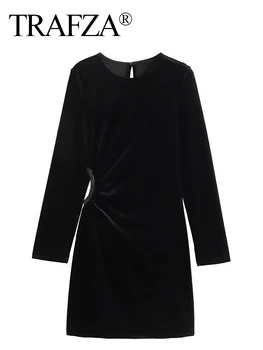 TRAFZA Ženske Modni Chic Vintage Gumb Dolg Rokav Večerno Obleko Elegantno Žensko Žamet Mini Obleka izrežemo Črno Kratko Obleko