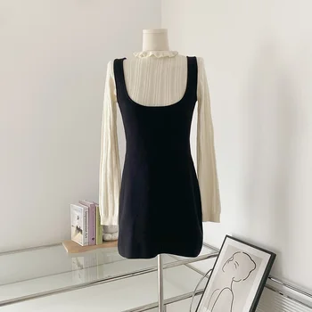 Ženske Sladko Dva-delni Set Design Black Priložnostne Mini Obleke korejskem Slogu College Preprost Trendy Obleko Obleke