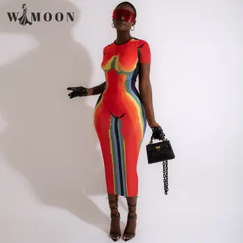 Ženske 3D Tiskanih Kratek Rokav O-vratu Bodycon Midi Obleko za Ženske 2023 Pomlad Seksi Noč Stranka Clubwear Dolge Obleke