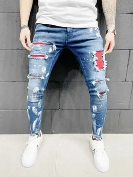 Moda Slim Mens Jeans Stretch Suh Mozaik Barva Modra Ripped Kavbojke Moški Ulične Y2K Denim Punk Hlače Pantalones Hombre