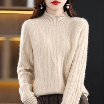 100% volna, kašmir pulover jeseni in pozimi nove ženske semi-visok ovratnik puloverju priložnostne barva plast plesti vrh