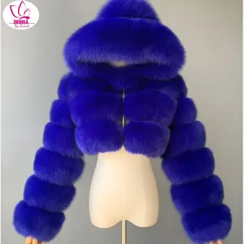 SUSOLA Trend Hooded Specializiranimi za umetno Krzno Plašč Ženske Lady Pozimi Toplo 8XL Modra Krznen Suknji Elegantno Plišastih Rastlinske Suknjič Femme