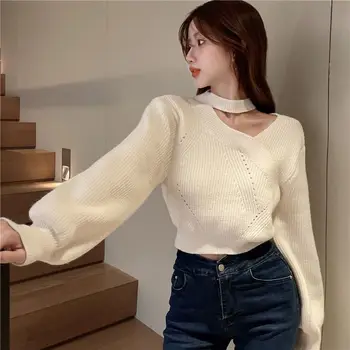 Korejski nezakonitih visi vratu kratek pulover pulover ženske, sladek in aromatičen visoka vitka pulover pozor puloverju ženski zgornji deli oblačil