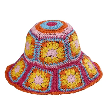 Bohemia priložnostne paisley, Kvačkanje klobuk za ženske bohemian Pletene vedro klobuki nacionalni Slame nedelja klobuk summer beach bali klobuki