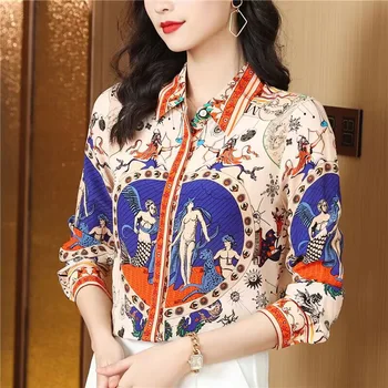 Ženske Baročno Natisnjeni Mulberry Svile Srajce Pomlad Classic Vintage Moda Svoboden Bluzo Ženski Top Temperament Elegantna Majica