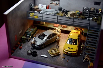1/64 Obsega Diorama Garaža Model, Model LED Osvetlitev Dvojni Kabini, Garaža, Parkirišče Veliko Zaslon Scena Model
