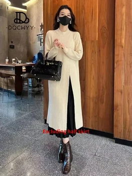 Korejski Fashion Design O v-Neck Ženske Plašč Elegantne Obleke za Ženske Ženske noše Pleteni Pulover Split 2023 Jesen Zima Novo v