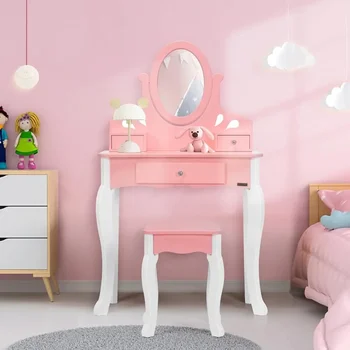 Otroci Vanity Set, Princesa MDF Ličila Toaletno mizico s 360° Vrtljivim Ogledalo in Predali za Dekleta, Roza